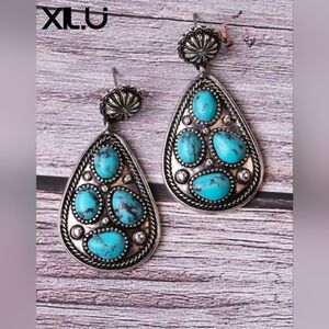 Western  Faux Turquoise and Silver Teardrop Earrings